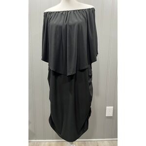 Women's Black Off The Shoulder Ruffle Overlay Ruched Bodycon Midi Dress